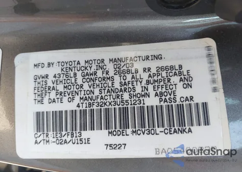 2003 Toyota Camry Le V6 from USA, damaged, VIN 4T1BF32KX3U551231
